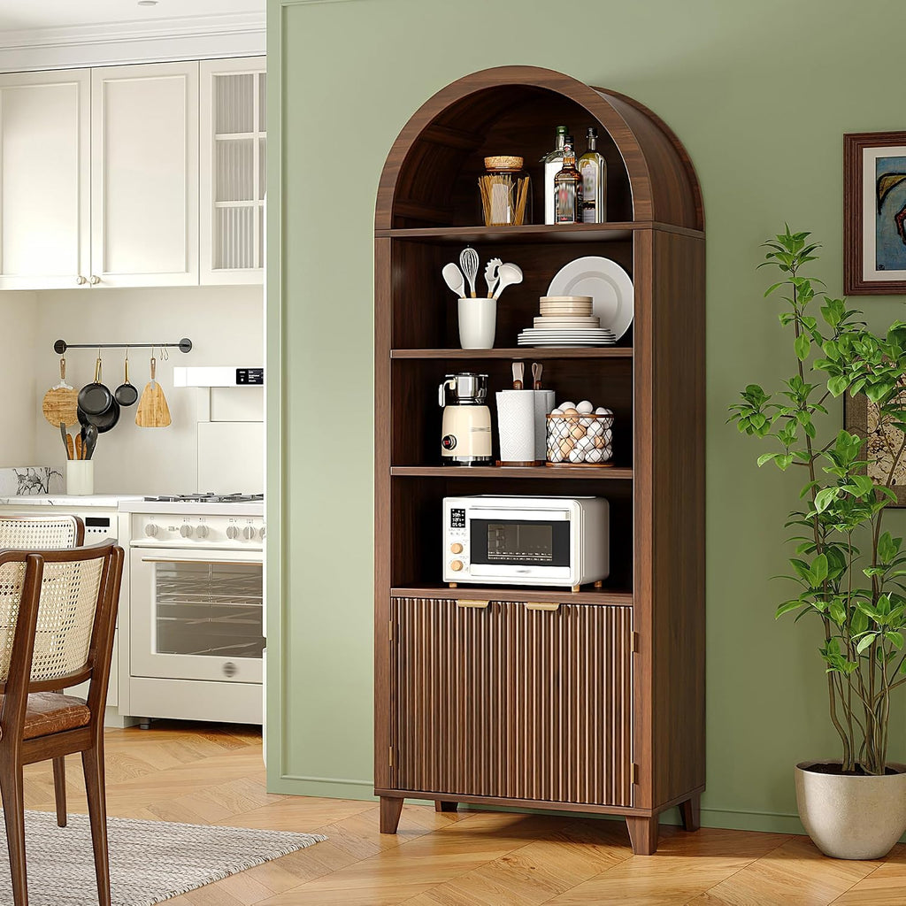 DurayLoly 79.9' Tall Arched Cabinet, 6-Tier Arched Bookcase with Fluted Doors and Adjustable Wood Shelves, Wooden Storage Cabinet with Tall Bookshelf for Office, Living Room, Kitchen, Walnut