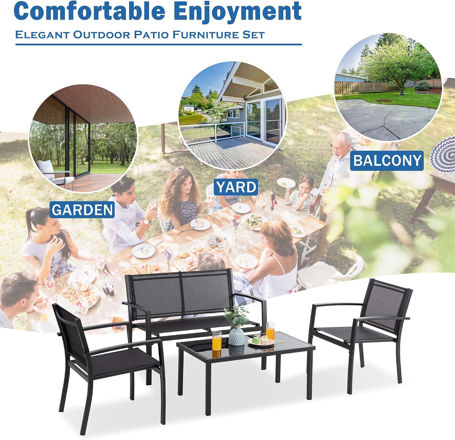 Vongrasig 4 Pieces Patio Furniture Sets,Outdoor Patio Conversation Sets with Glass Coffee Table, Small Porch Balcony Furniture, Patio Table and Chairs Set for Garden, Backyard (Black)