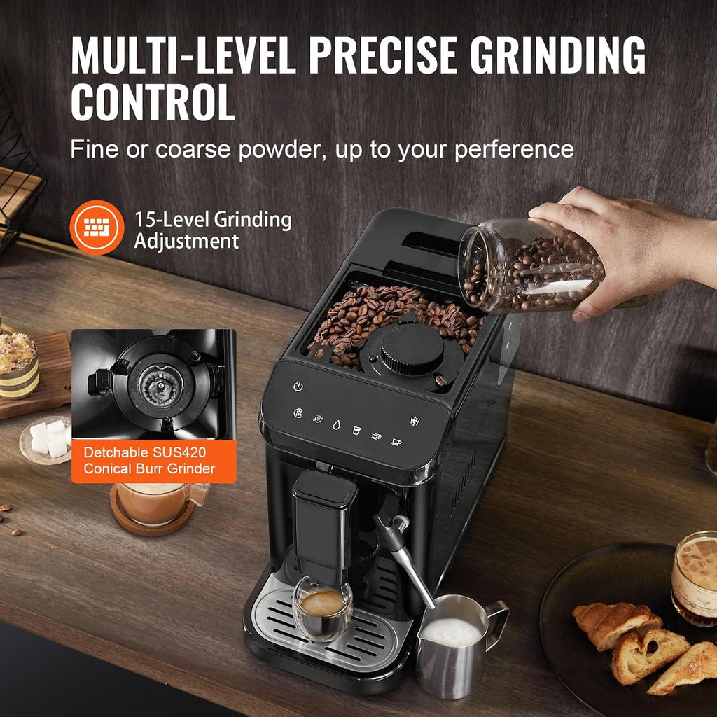VEVOR Automatic Espresso Machine, 20 Bar Auto Coffee Machine with Frother Steam Wand, Built-In Grinder and 15-Level Grinding Settings, Professional Espresso Coffee Maker with 1.5L Water Tank