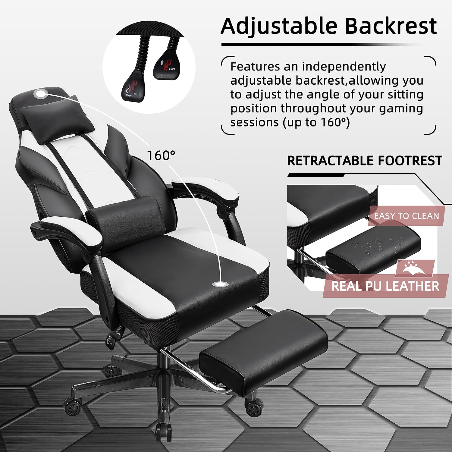 Shintenchi Gaming Chair,Video Game Chair with footrest and Massage Lumbar Support,Height Adjustable Game Chair with 360°Swivel Seat Ergonomic Computer Chair with Headrest for Office or Gaming(White)