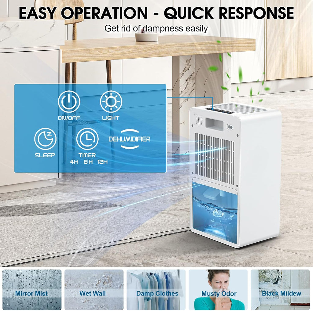 Dehumidifiers for Home, 101OZ Dehumidifier (800 sq.ft), Upgraded Dehumidifier for Basement, Bedroom, Bathroom, RV, Closet with Auto-off, Sleep Mode, 7 Colorful Nightlight, Quiet Small Portable - White
