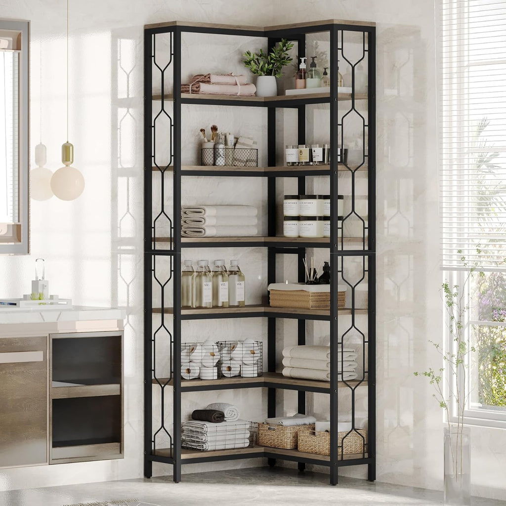 Tribesigns Corner Shelf, 7-Tier Industrial Corner Bookshelf, Wood and Metal Corner Etagere Bookcase, Freestanding Display Shelf for Living Room, Kitchen, Home Office, Gray