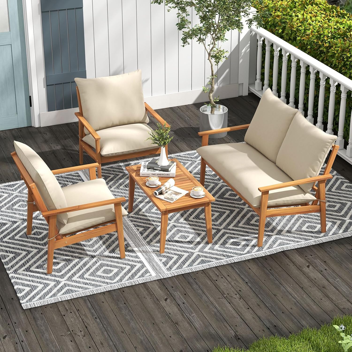 Tangkula 4 Pieces Patio Furniture Set, Outdoor Acacia Wood Conversation Set with Soft Cushions and Coffee Table, Outdoor Sectional Sofa Set for Lawn, Garden, Backyard and Poolside (1, Natural)