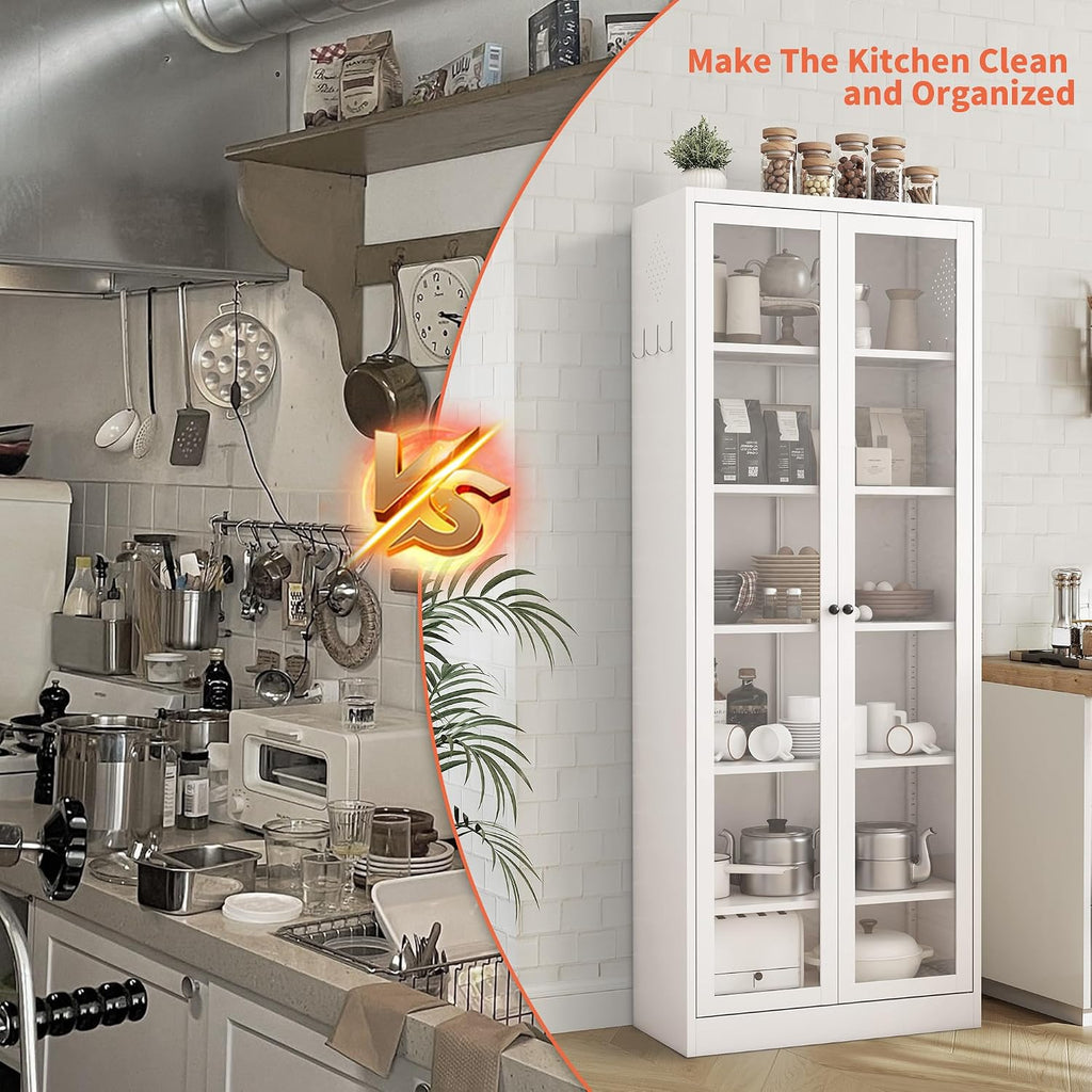 72' Metal Storage Cabinets with Glass Doors and 5 Shelves,White Kitchen Pantry Cabinet,Freestanding Steel Cupboard Display Cabinets for Kitchen,Living,Dining Room,Bathroom,Assembly Required