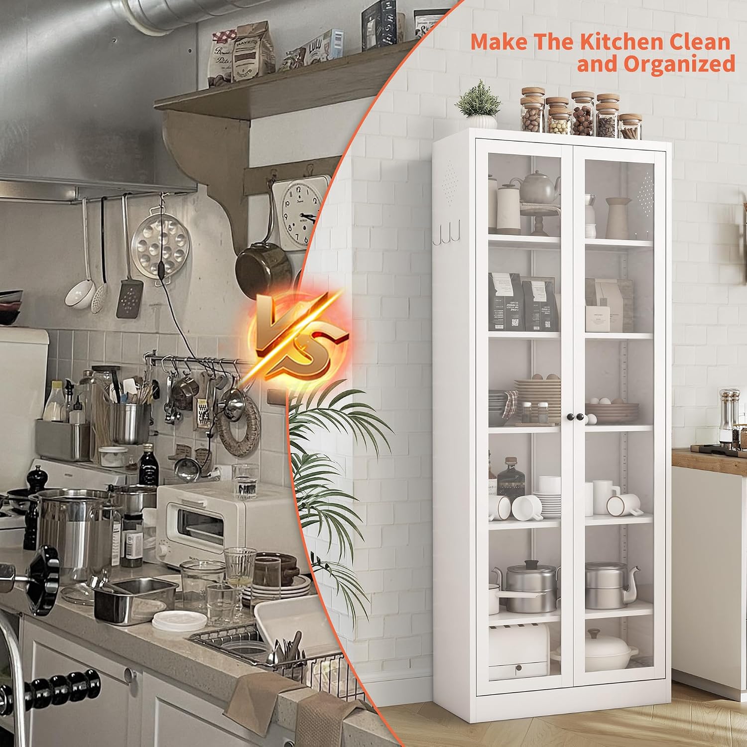 72' Metal Storage Cabinets with Glass Doors and 5 Shelves,White Kitchen Pantry Cabinet,Freestanding Steel Cupboard Display Cabinets for Kitchen,Living,Dining Room,Bathroom,Assembly Required