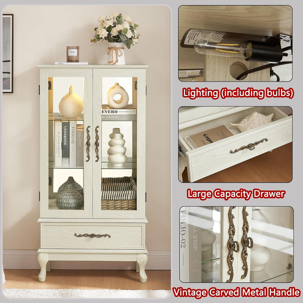 51'H Lighted Curio Display Cabinet with 2 Doors & 1 Drawer, Wooden Glass Curio Showcase w/ Adjustable Shelves & Mirrored Back Panel, Storage Cabinet Display Case for Living Room(Antique White)