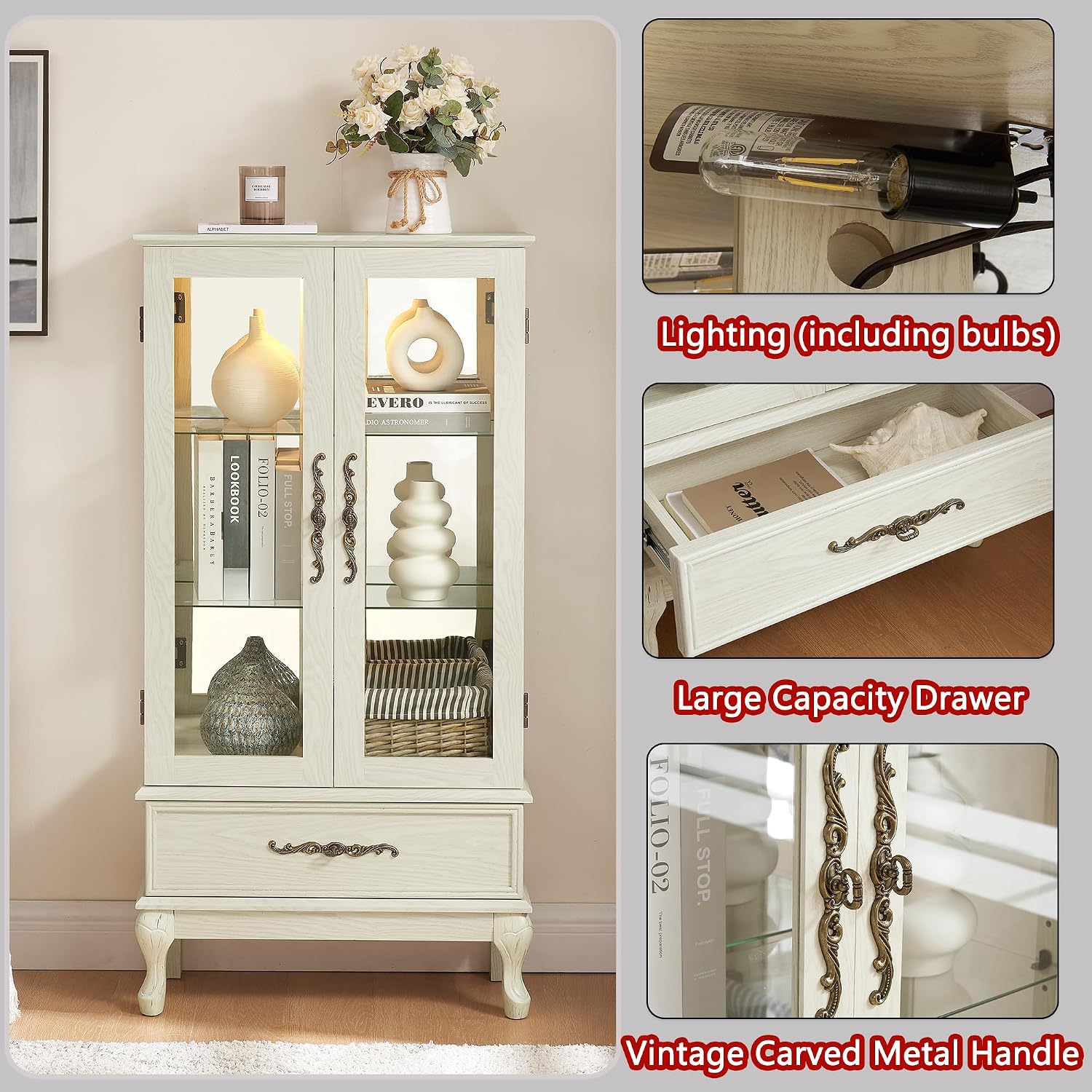 51'H Lighted Curio Display Cabinet with 2 Doors & 1 Drawer, Wooden Glass Curio Showcase w/ Adjustable Shelves & Mirrored Back Panel, Storage Cabinet Display Case for Living Room(Antique White)