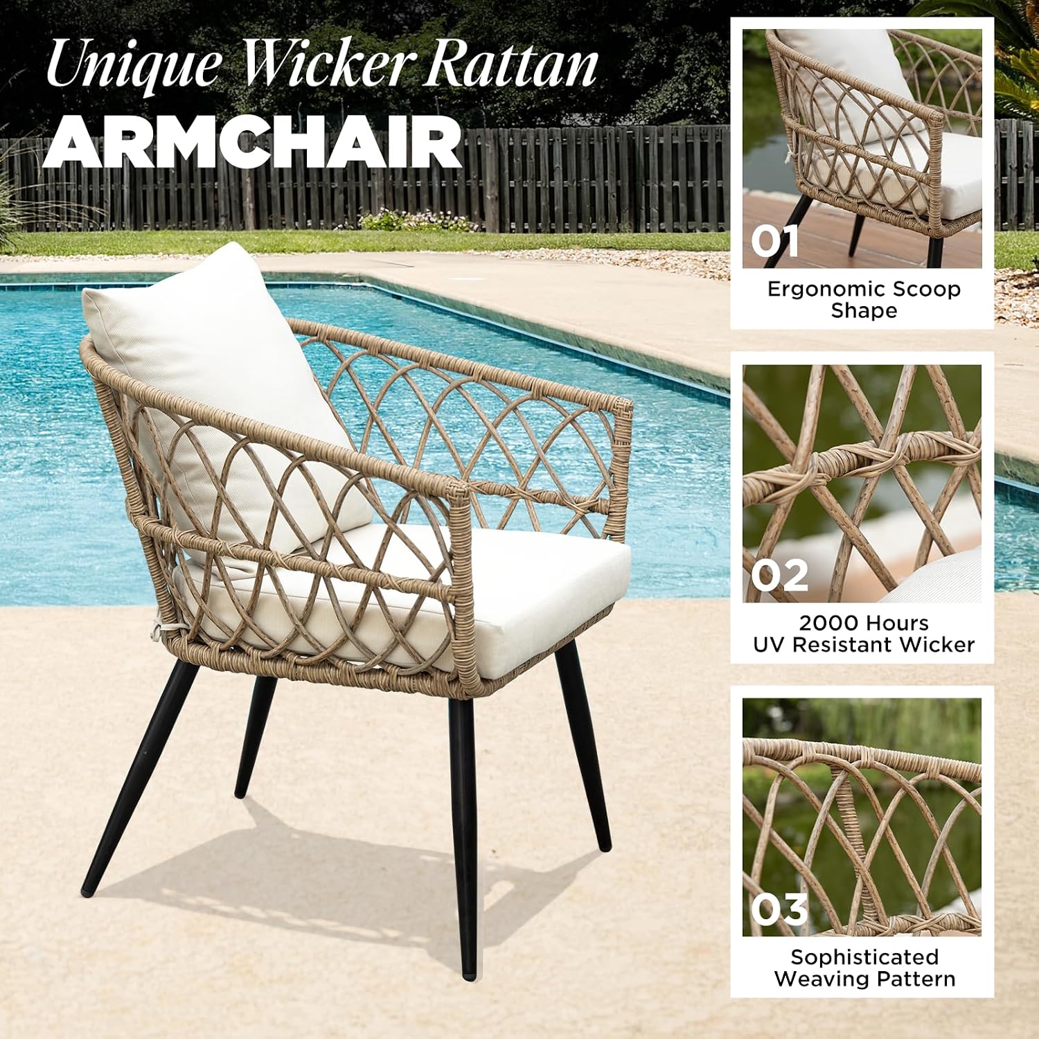 Idzo Heavy Duty 500lbs Weight Capacity Wicker Bistro Table and Chairs Set of 2 with Premium Olefin Fabric Soft Cushions