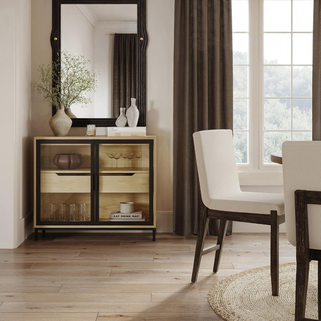 Nathan James Mackenna Metal and Glass Sideboard Accent Cabinet with Two Doors, Oak Credenza for Kitchen or Living Room