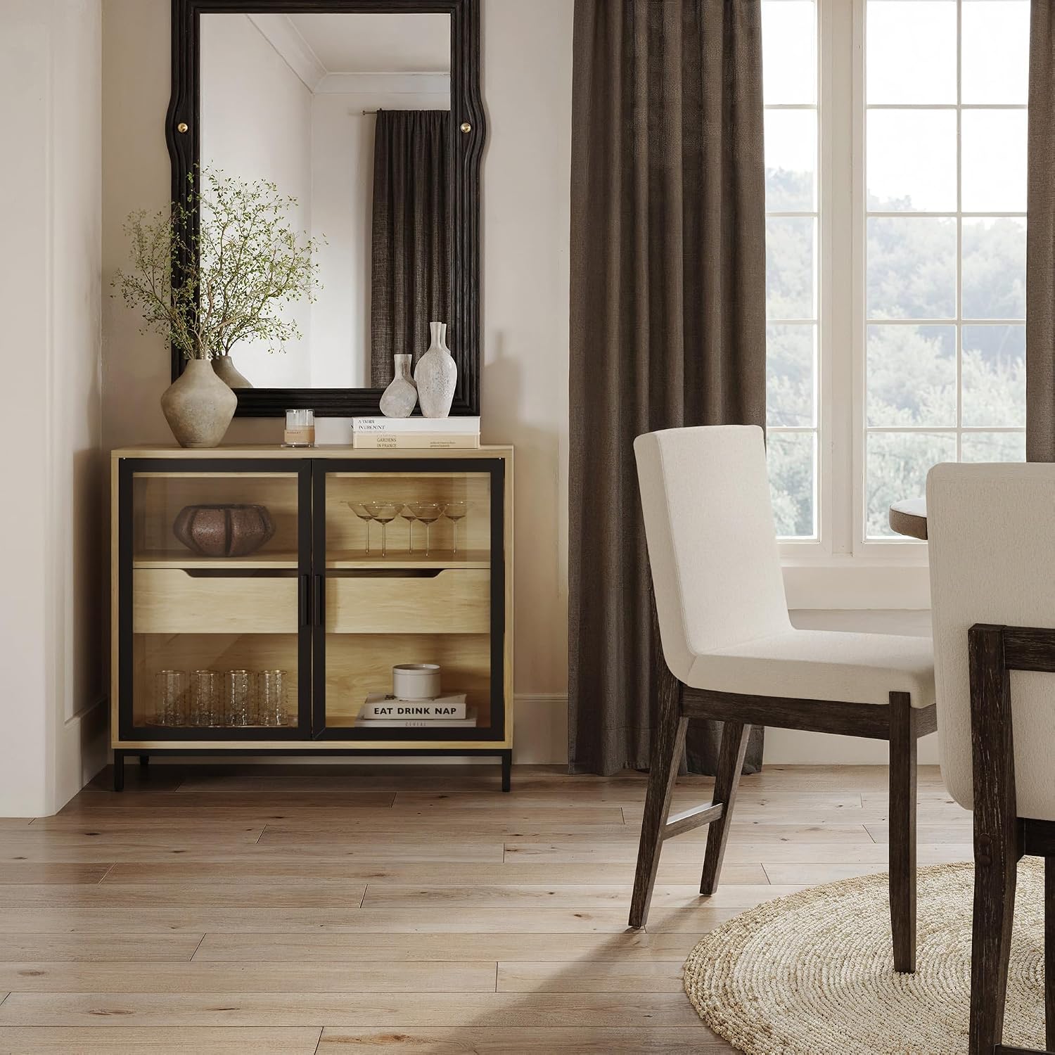 Nathan James Mackenna Metal and Glass Sideboard Accent Cabinet with Two Doors, Oak Credenza for Kitchen or Living Room