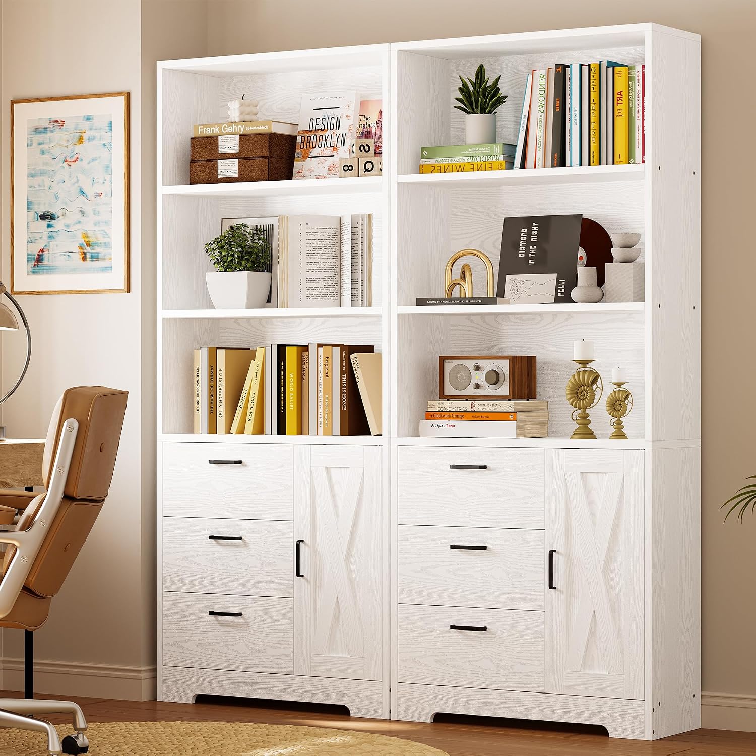 IRONCK Bookshelf with Drawers, 71 in Tall Bookcase with Doors and 3-Tier Shelves, for Bedroom Living Room Entrance Hallway Home Office