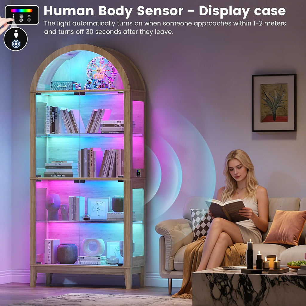 HNEBC Arched Book Shelf with Glass Doors, LED Bookcase with RGB Lights, 5 Tier Cabinet Has 9-Cube Storage, 69' Display Cabinet for Music-Synced Lighting Living Room,Bedroom (Natural)