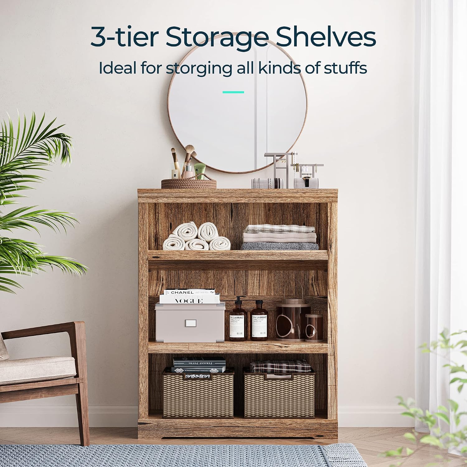 LINSY HOME 3-Tier Bookshelf Display Storage Shelves Farmhouse Bookshelf for Home Office, Living Room, Bed Room - Dark Brown