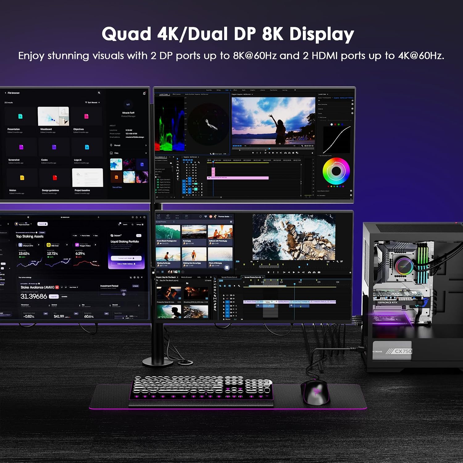 WAVLINK 8K/4K PCIE 4 Monitors Card - 2DP+2HDMI, PCIE to HDMI & DP Adapter Supports Extend 4 Monitors Output for Windows 11/10 & Ubuntu with DisplayLink DL7400(Non-Gaming GPU)