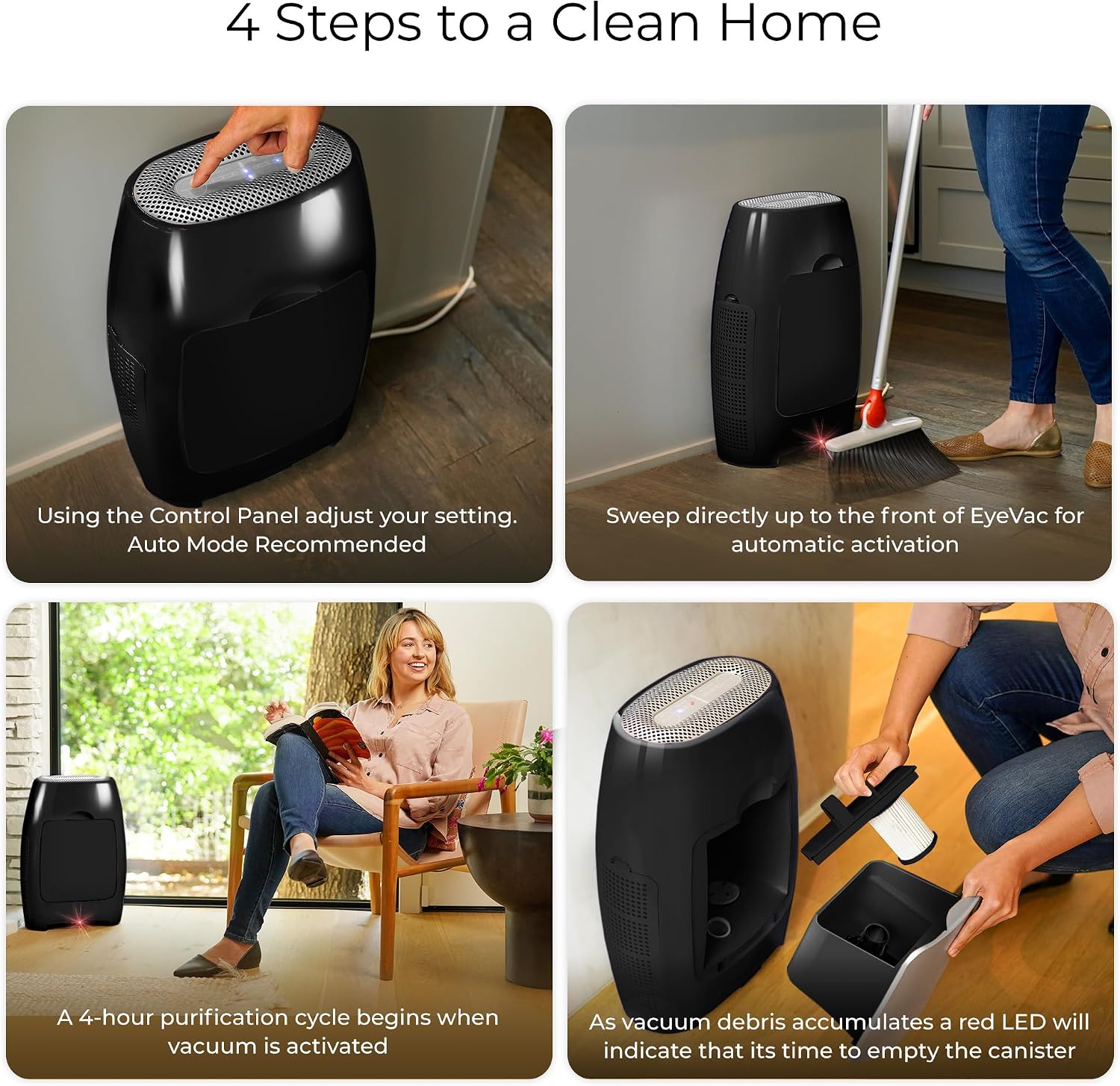 EyeVac Air 2-in-1 HEPA Air Purifier & Touchless Vacuum Automatic Dustpan - Ultra Fast & Powerful - Covers 600 Sq ft - Corded Canister Vacuum, Bagless, Automatic Sensors, 1000 Watt (Black/Black)