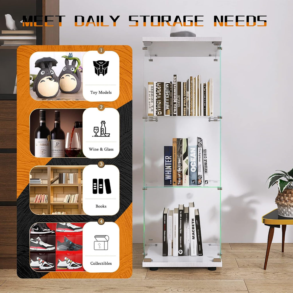 Beauty4U One-Door Glass Display Cabinet, White Curio Cabinets for Living Room, Bedroom, Office, Collection Display, Quick Installation in 30 Mins, 3 Shelves White Floor Standing Glass Bookshelf