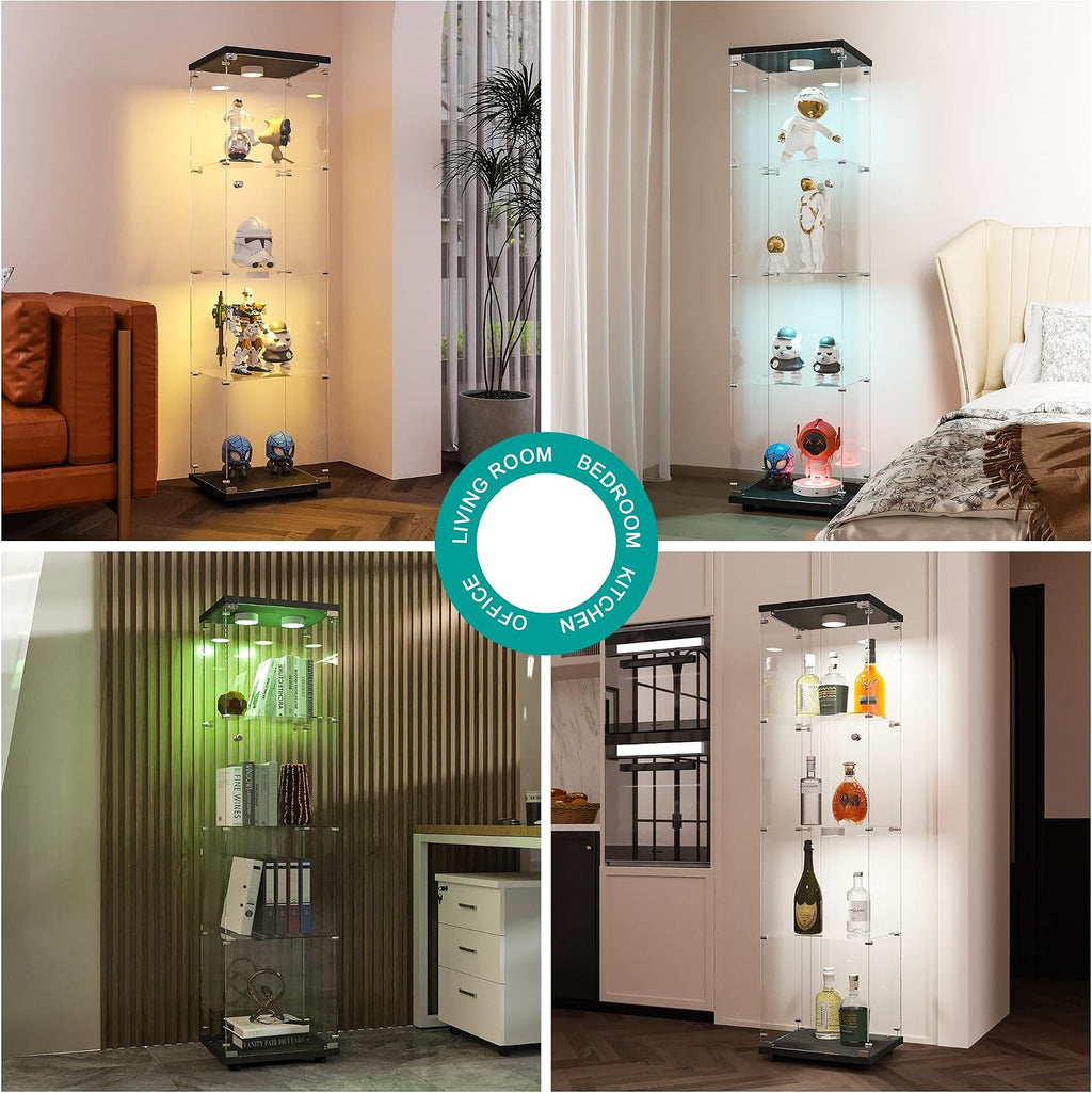 FANYUSHOW Display Cabinet with Glass Door and LED Light, 4-Tier Tempered Glass Display Shelf, Glass Curio Cabinet Collection Display Case, Display Case Cabinet, Black 64.7' H x 16.7' L x 14.37' W