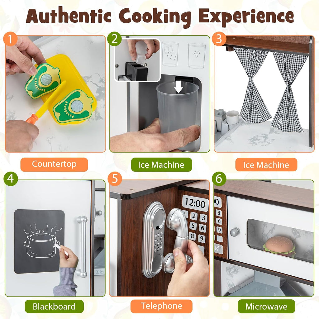 INFANS Kids Kitchen Playset with Real Running Water, Ultimate Wooden Corner Pretend Cooking Set with Simulation Light Sound Stove Storage Cabinet, Play Toy Gift