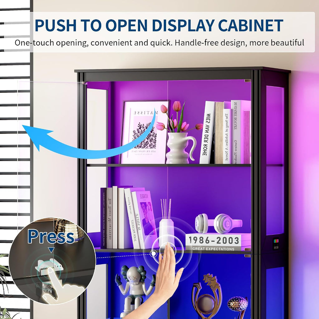 HNEBC Glass Display Cabinet with RGB Lights, 71'' Curio Cabinet with Glass Doors, 5-Tier Display Cases and Human Sensor, Bookcases for Collectibles, Books,Toys, Black