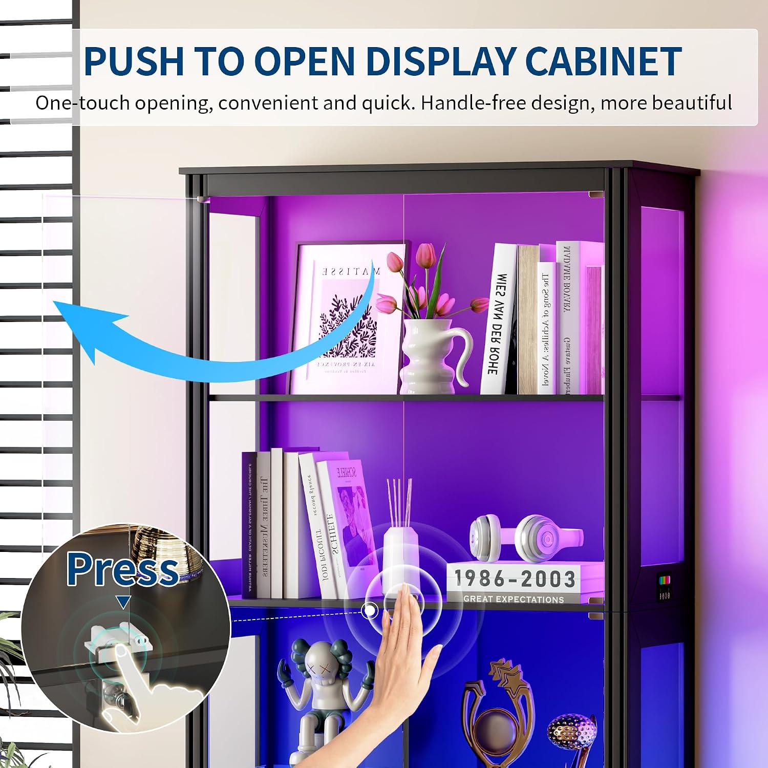 HNEBC Glass Display Cabinet with RGB Lights, 71'' Curio Cabinet with Glass Doors, 5-Tier Display Cases and Human Sensor, Bookcases for Collectibles, Books,Toys, Black