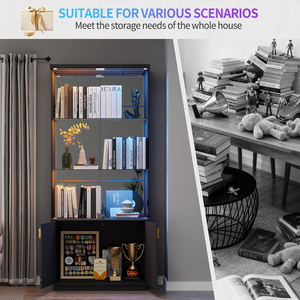 HNEBC Display Cabinet with Glass Doors - 71' High Gloss Curio Cabinet with Adjustable Glass Shelf, Lockable Display Cases with RBG Lights and Human Body Sensor for Collectibles, Black