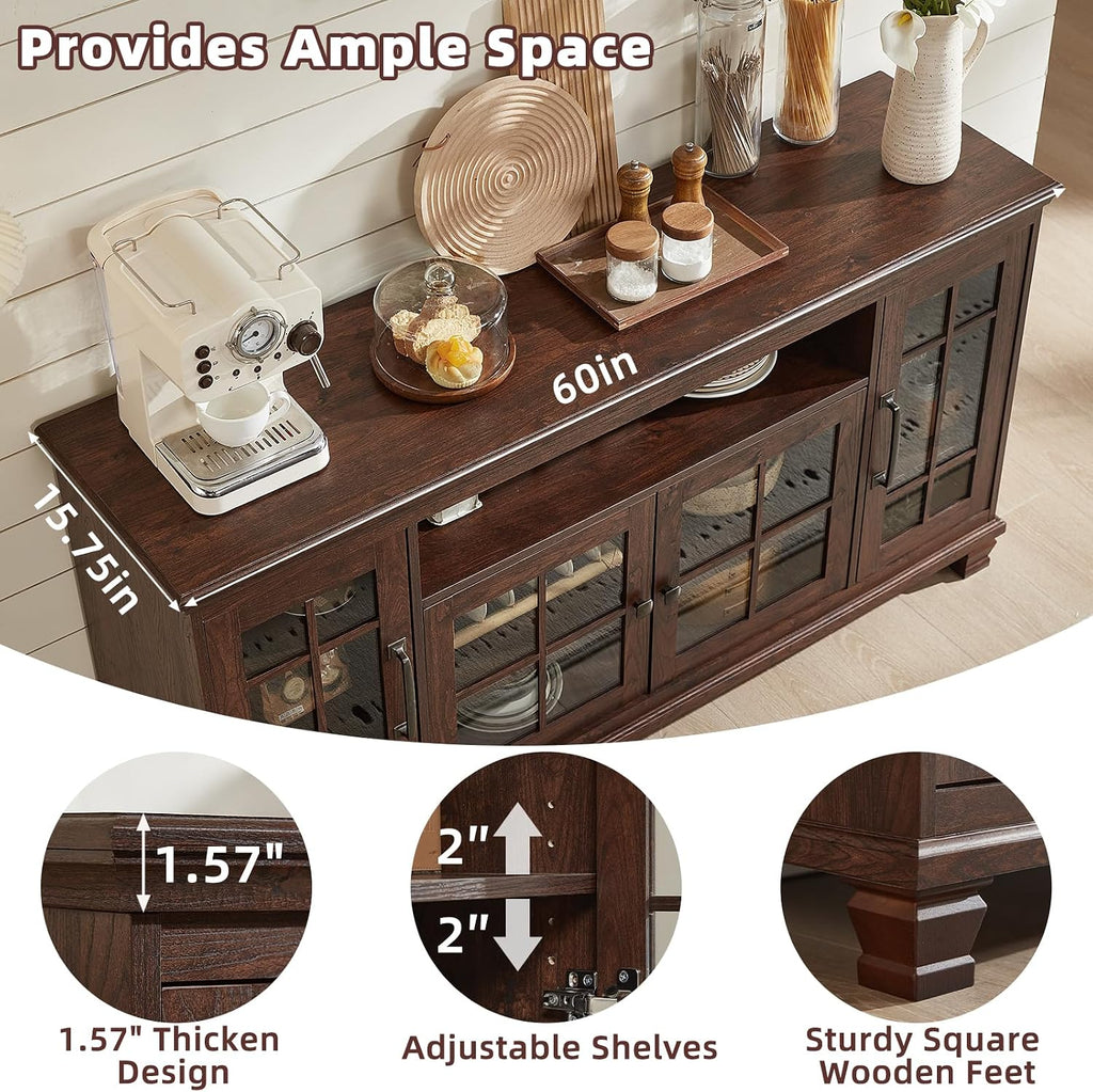 SAVOR LIFE Large Sideboard Buffet Cabinet with Storage, Vintage Walnut Farmhouse 60' Wide Credenza Accent Cabinets with Glass Doors & Wood Legs, Kitchen Coffee Bar Table for Dining Room, Living Room
