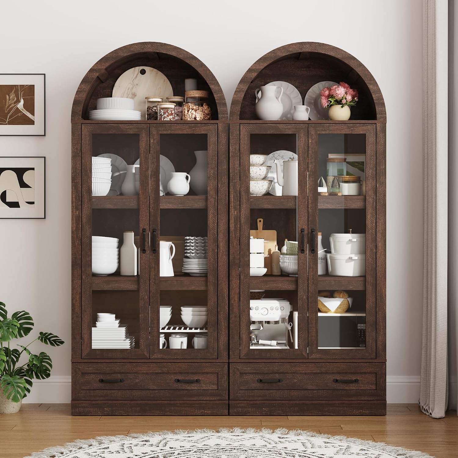 75' Tall Arched Kitchen Pantry Cabinet w Load-Bearing Steel Pipe,Modern Farmhouse Kitchens Storage Cabinet with Drawer and Glass Doors,Tall Arched Bookcase,Pantry Organizer(Rustic Brown)