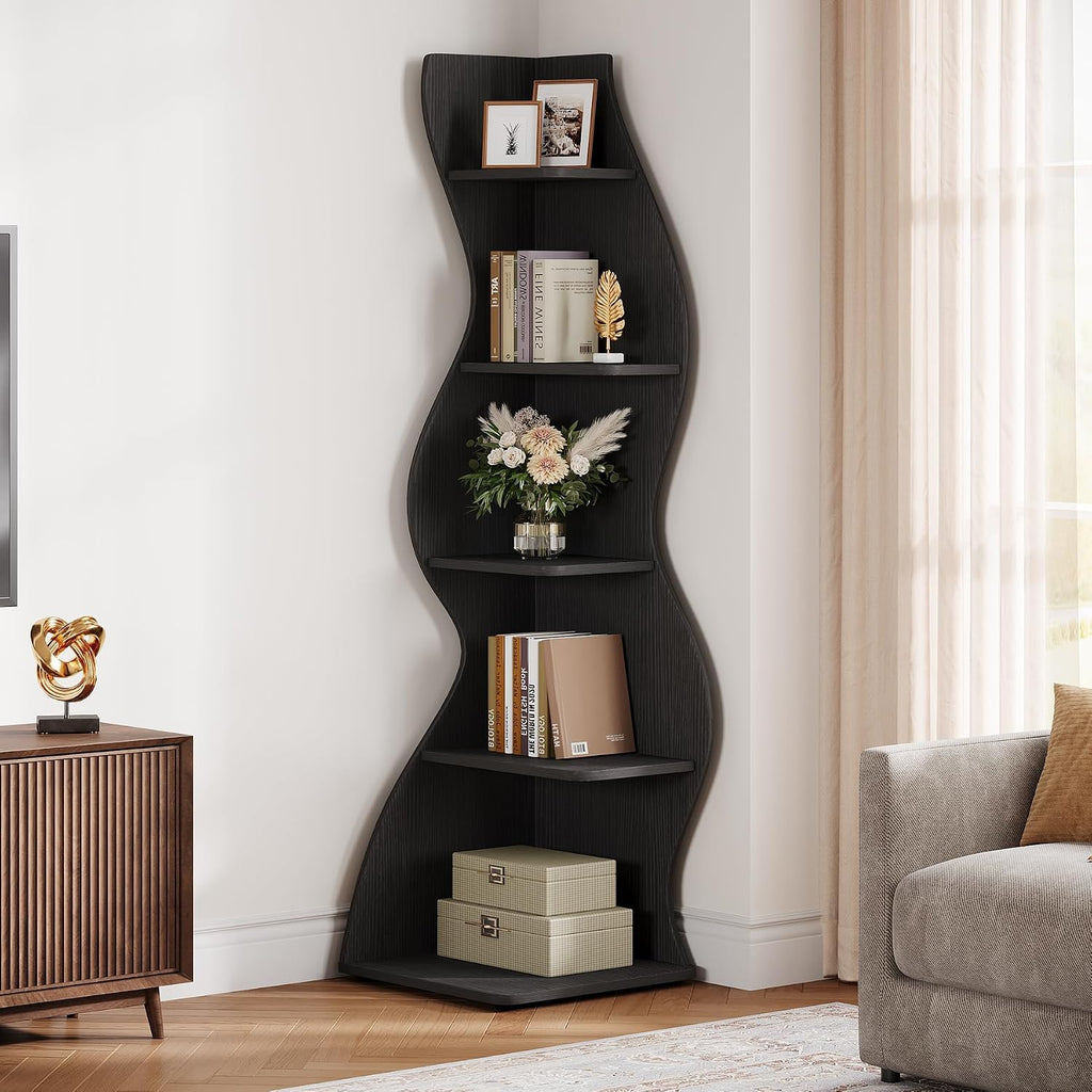 Tribesigns Wavy Corner Shelf, Modern 5-Tier Bookshelf Bookcase with Curvy Shape, Unique Plant Stand Display Rack for Living Room Small Space (Black)