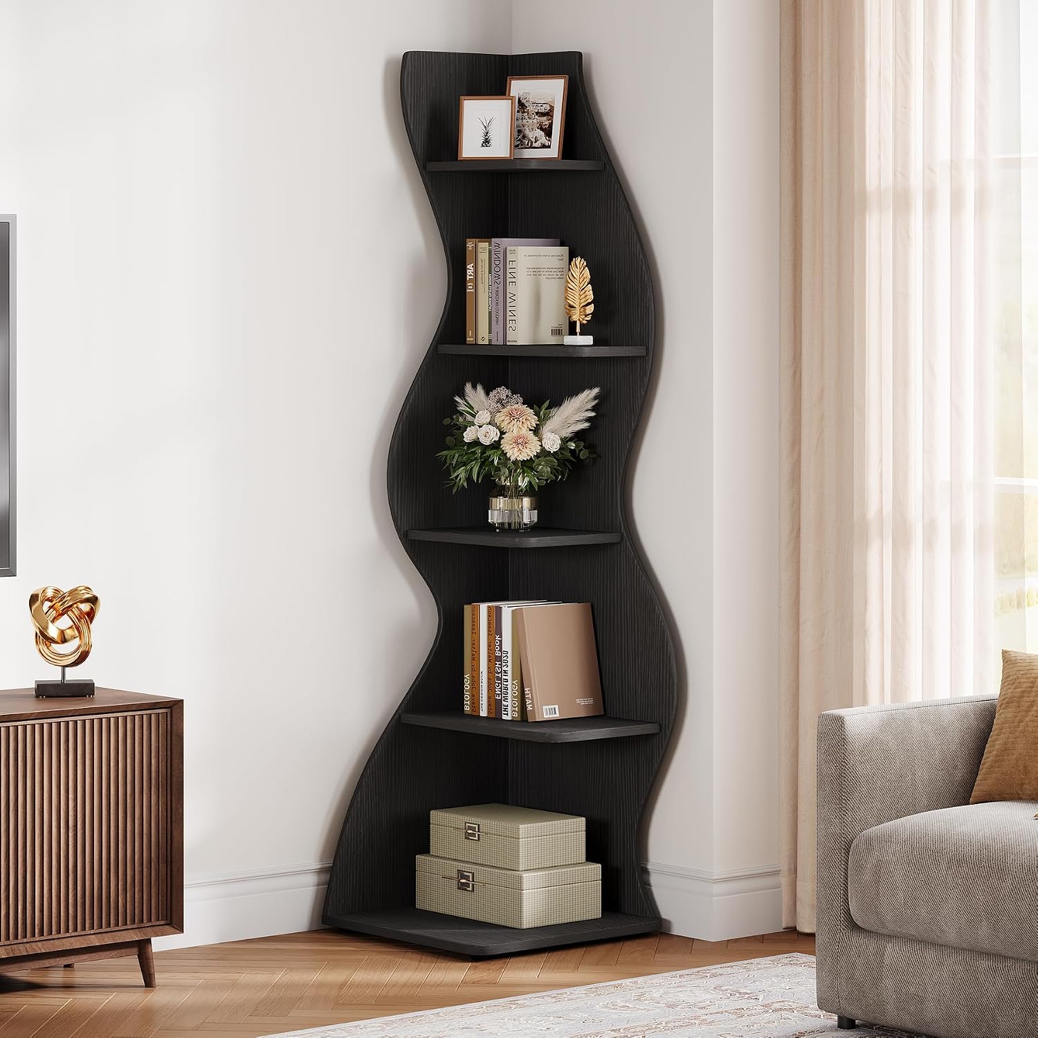Tribesigns Wavy Corner Shelf, Modern 5-Tier Bookshelf Bookcase with Curvy Shape, Unique Plant Stand Display Rack for Living Room Small Space (Black)