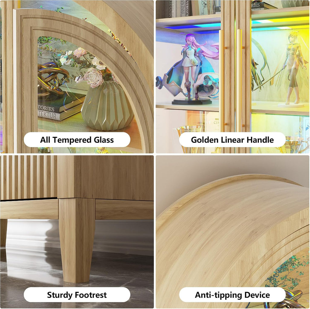 LVSOMT 71' Tall Arched Storage Cabinet with Glass Doors and Drawers, Curio Display Cabinet with Adjustable RGB Light & Human Sensor, 4-Tier China Cabinet for Living Room(Wood)