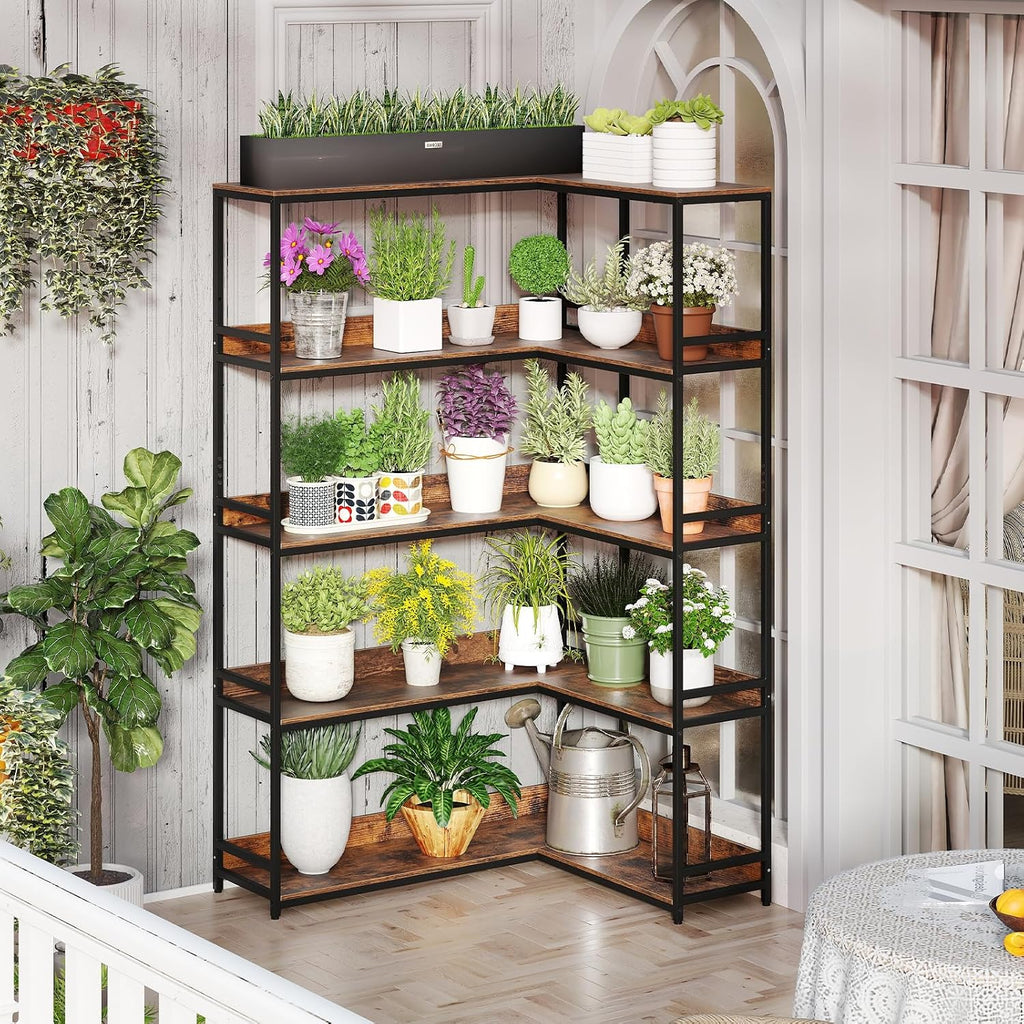 Giantex 5-Tier Corner Bookshelf, 71' L-Shaped Bookcase, Tall Etagere Bookshelf with Metal Frame, Industrial Open Display Shelf, Vertical Storage Rack for Living Room, Study, Office (Rustic Brown)