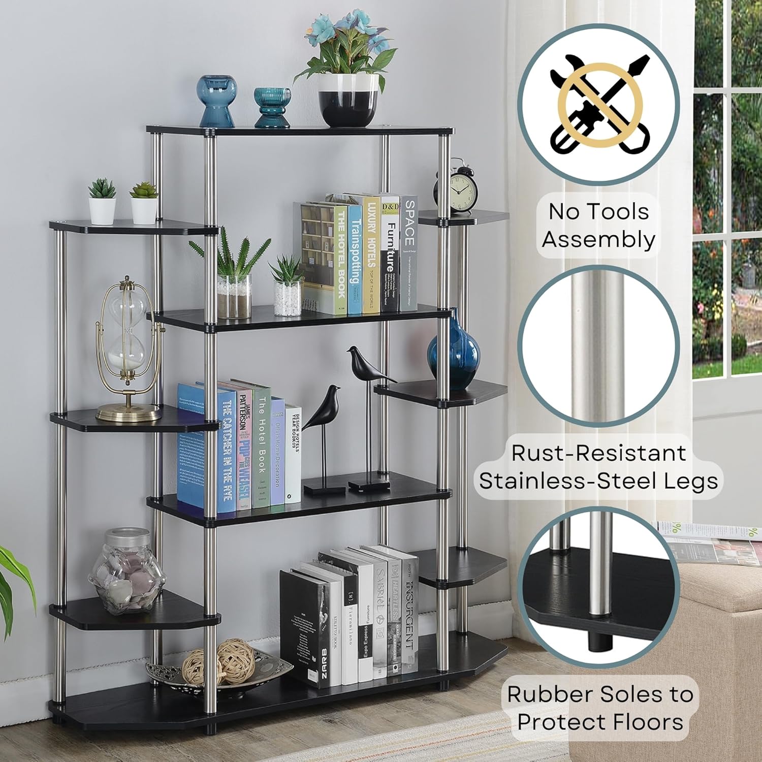Convenience Concepts Designs2Go No Tools Wall Unit Bookshelf 47.25' - Contemporary Storage Shelves for Display, 10 Spacious Shelves for Modern Living Room, Office, Den, Black
