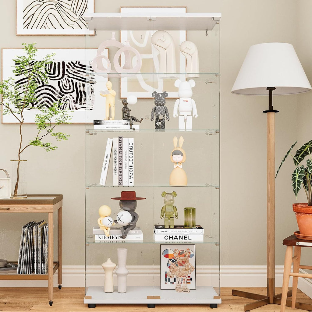 Beauty4U Glass Display Cabinet with 5 Shelves, Curio Cabinets for Living Room, Bedroom, Office, White Floor Standing Glass Bookshelf, Quick Installation