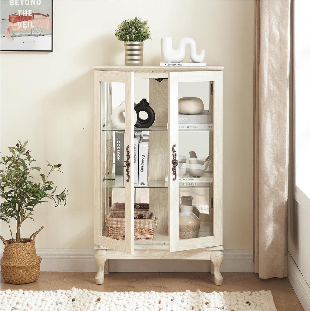 43' H Lighted Curio Cabinet Display Case, Glass Curio Cabinet with Adjustable Shelves & Tempered Glass Door, Wooden Cabinets with Mirrored Back Pane for Living Room (Antique White)