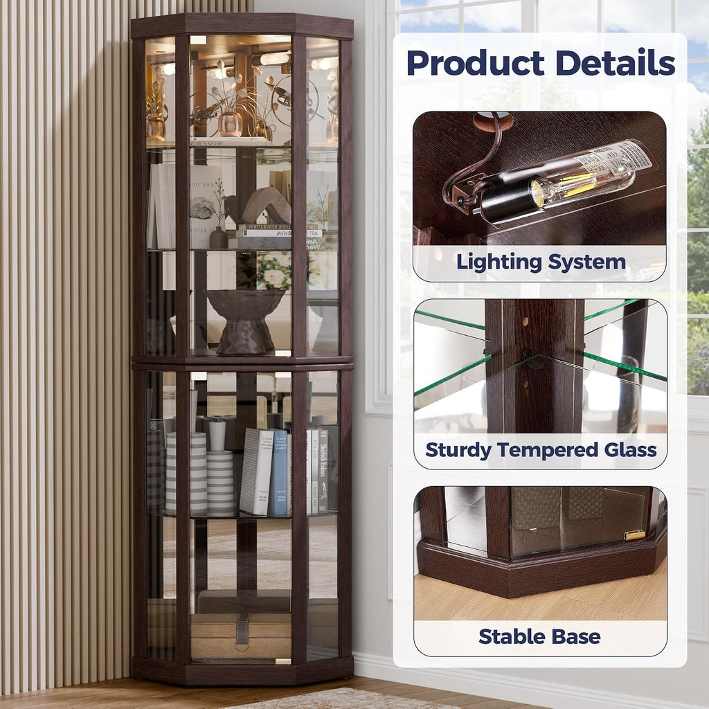 Lighted 3-Side Glass Display Curio Cabinet, Accent Wooden Corner Cabinet with Elegant Glass Door, Wooden Storage Display Case for Living Room, Dining Room, Dark Cherry