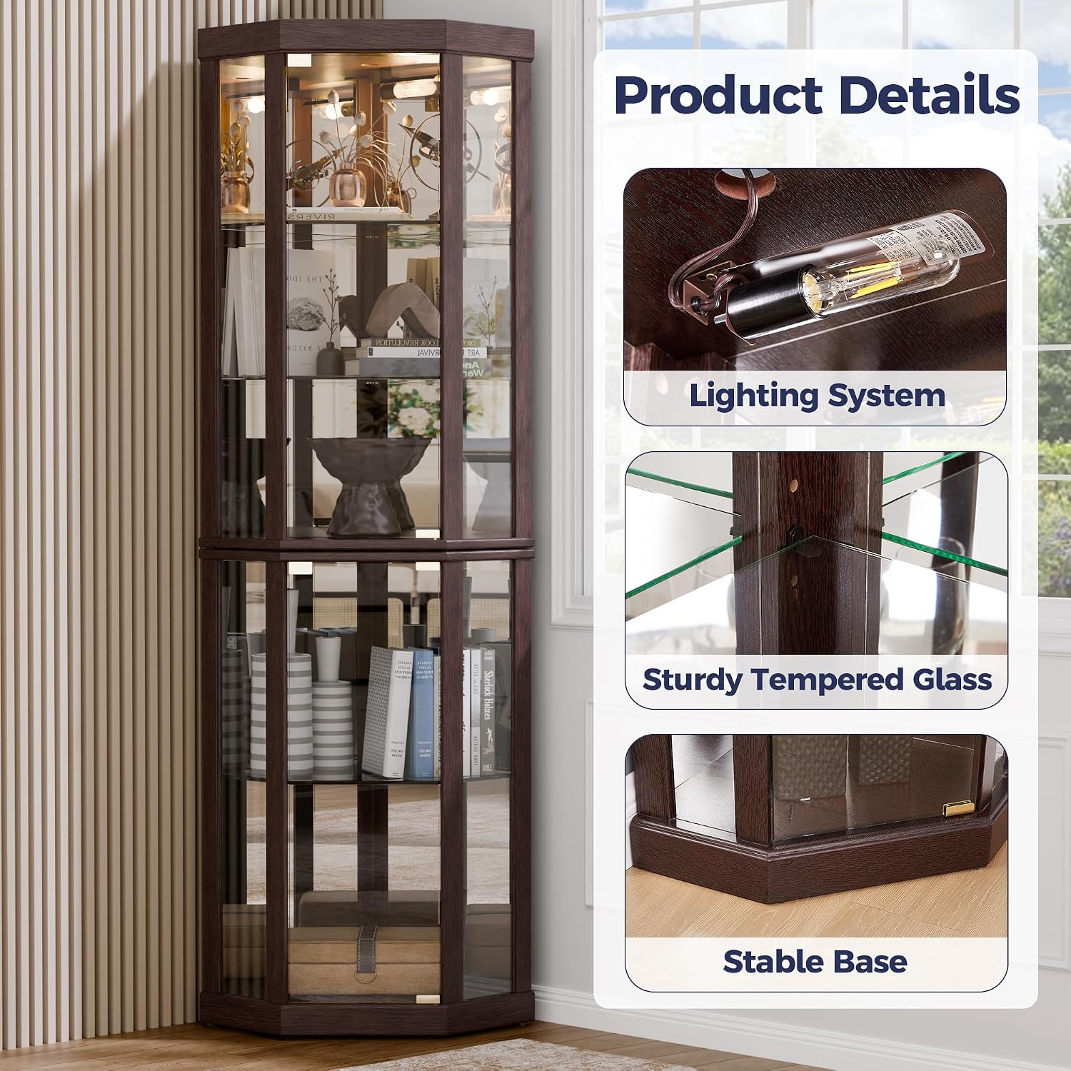 Lighted 3-Side Glass Display Curio Cabinet, Accent Wooden Corner Cabinet with Elegant Glass Door, Wooden Storage Display Case for Living Room, Dining Room, Dark Cherry