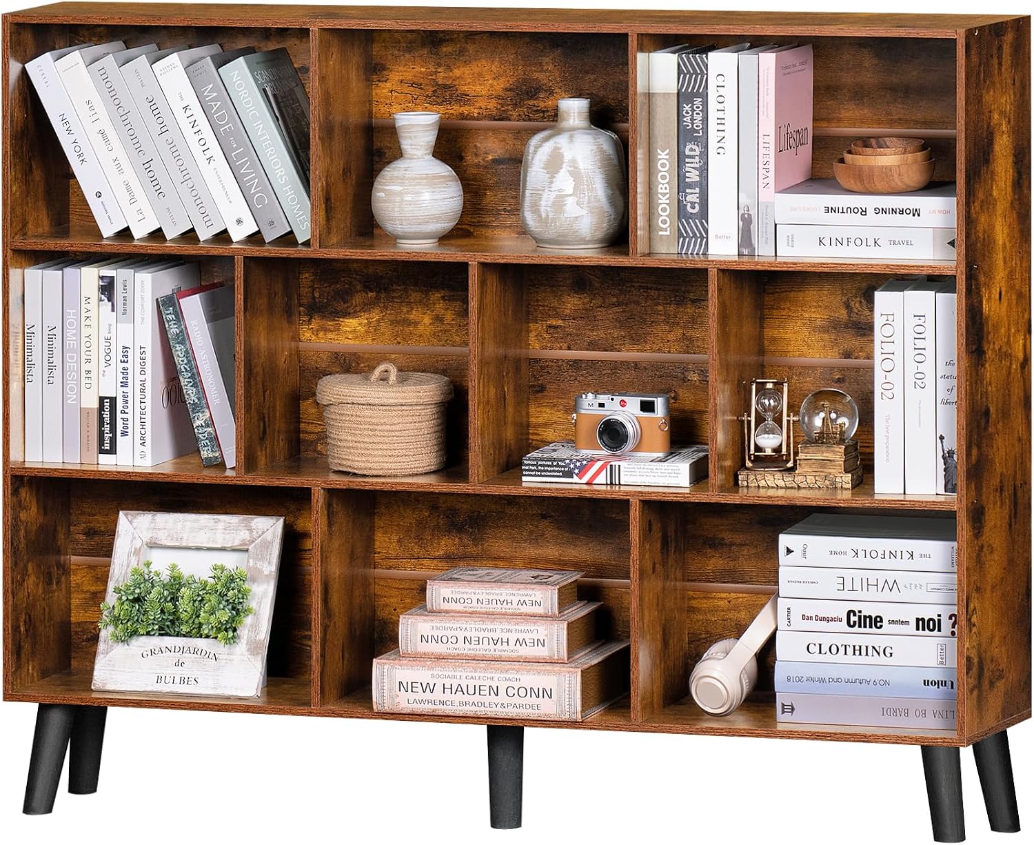 LEYAOYAO 10 Cube Bookshelf, 3 Tier Vintage 55.12' Wide Bookcase with Legs, Mid-Century Wood Bookshelves Storage, Brown Large Book Case, Freestanding Organizer Display Shelf for Living Room, Office