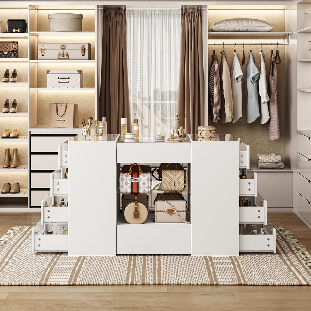 LIVAUVEAD Closet Island with Drawers, Wardrobe Armoire Bedroom Island, Glass Display Shelf & 12 Drawers, White Dresser with Glass Top, Walk-in Closet Island for Bedroom, Cloakroom
