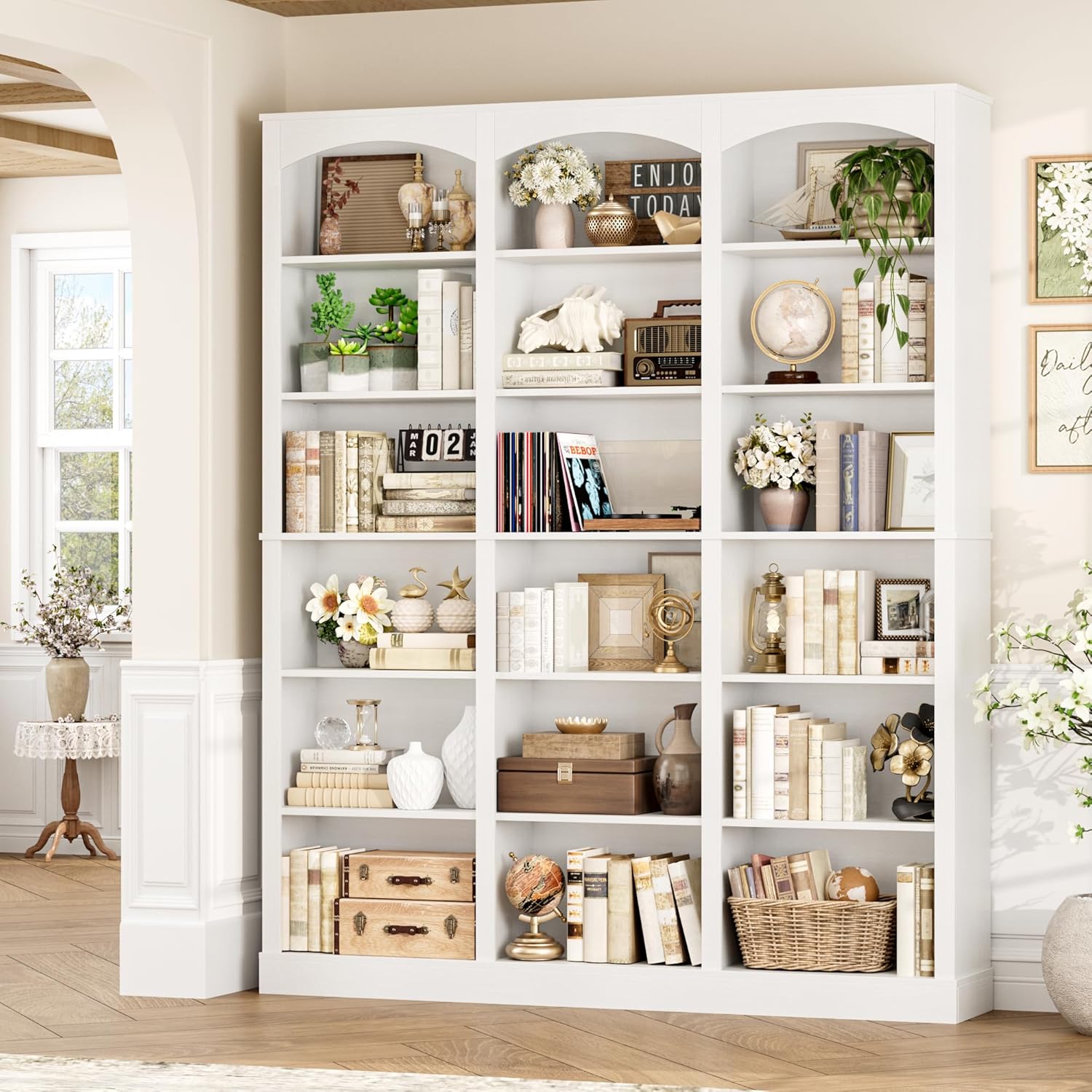 FACBOTALL 71' Triple Wide Bookshelf, 6 Tier Bookcase, Large White Bookshelf with Curved Baffle, 63.4' Wide White Bookcase with 18 Open Display Shelves for Living Room, Study, White