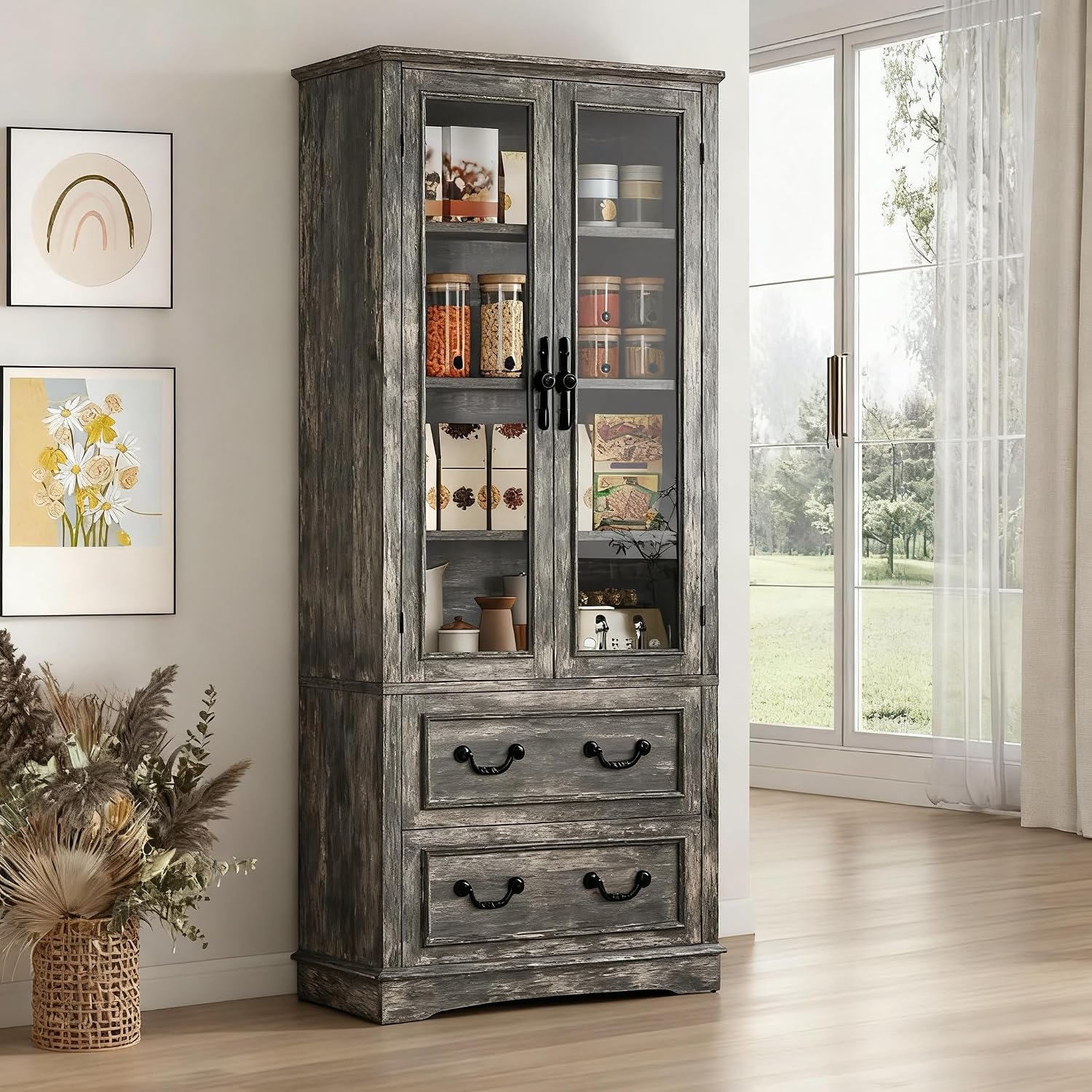 YITAHOME 76'' Kitchen Pantry Cabinet with 2 Drawers, Tall Storage Cabinet with Glass Doors & Adjustable Shelves, Freestanding Display Curio Cabinet for Collectibles, Living Room, Dark Rustic Oak