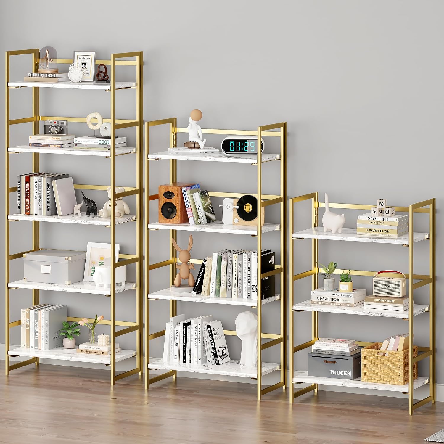 BHG No Assembly Folding Bookshelf for Living Room, 5 Tier Gold Collapsible Book Shelf for Home Office, Portable Bookcase Storage Organizer