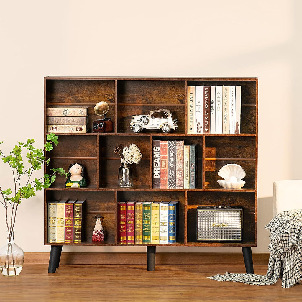 LEYAOYAO 10 Cube Bookshelf,3 Tier Modern Wide Bookcase with Legs,Mid-Century Wood Bookshelves Storage，Brown Large Book Case,Freestanding Organizer Display Shelf for Bedroom,Living Room,Office