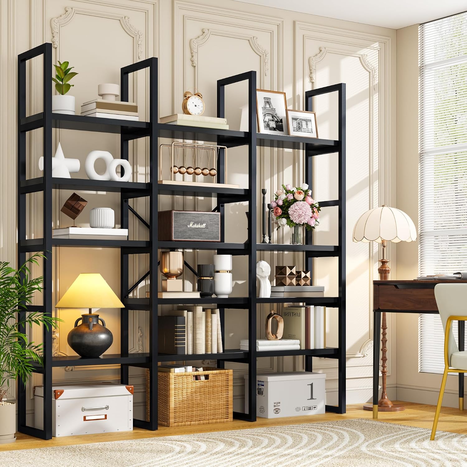 Large Bookshelf 5 Tiers, Triple Wide Geometric Bookcase, 71 Inches Tall Industrial Book Shelves Etagere Book Case, Sturdy Metal Frame, Freestanding Display Shelving Unit (Black)