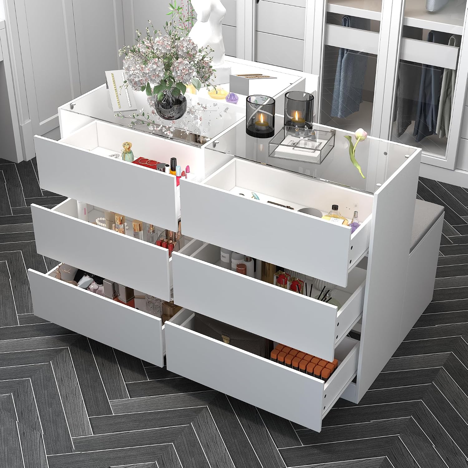 Glass Display Cabinet Closet Island, Glass Top Storage Cabinet for Retail, Collectibles Showcase with 9 Dawers & Shoe Bench, Walk in Display Island for Retail Shop, Cloakroom, White