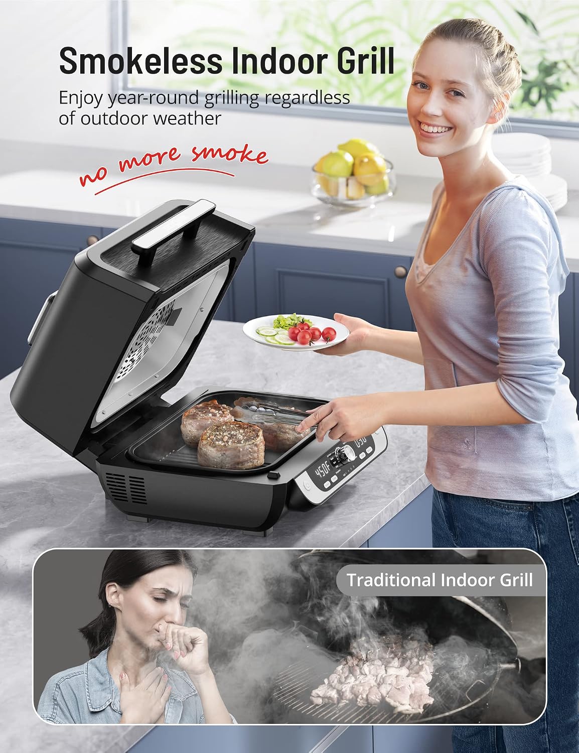 Paris Rhône Smokeless Indoor Grill & Air Fryer Combo, 12-in-1, Grill, Griddle, Air Fry, Broil, Bake, Crisp, Roast, Dehydrate, and more, Dual Heating Elements, Smart Thermostat, Easy Knob Control