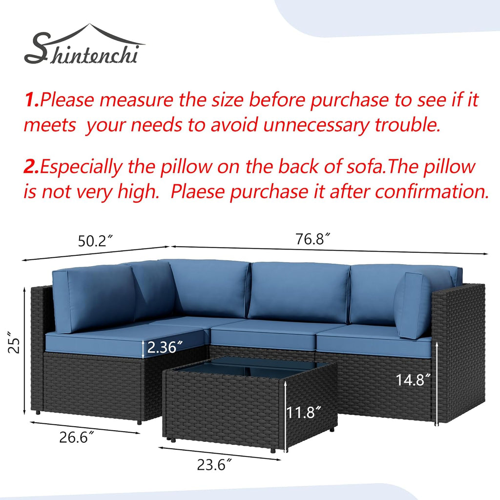 Shintenchi 5 Pieces Outdoor Patio Sectional Sofa Couch, PE Wicker Furniture Sets, Patio Conversation Sets with Washable Cushions Glass Coffee Table for Garden, Poolside, Backyard, Aegean Blue