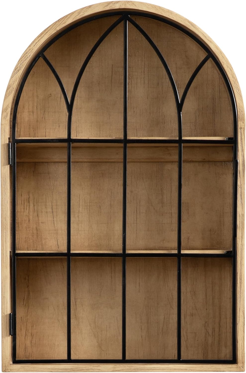 Kate and Laurel Megara Decorative Wooden Hanging Arched Wall Cabinet with Door for Open Storage; 16 x 5 x 24; Natural Wood and Black; Wooden Floating Wall Bathroom Cabinet for Above Toilet Storage