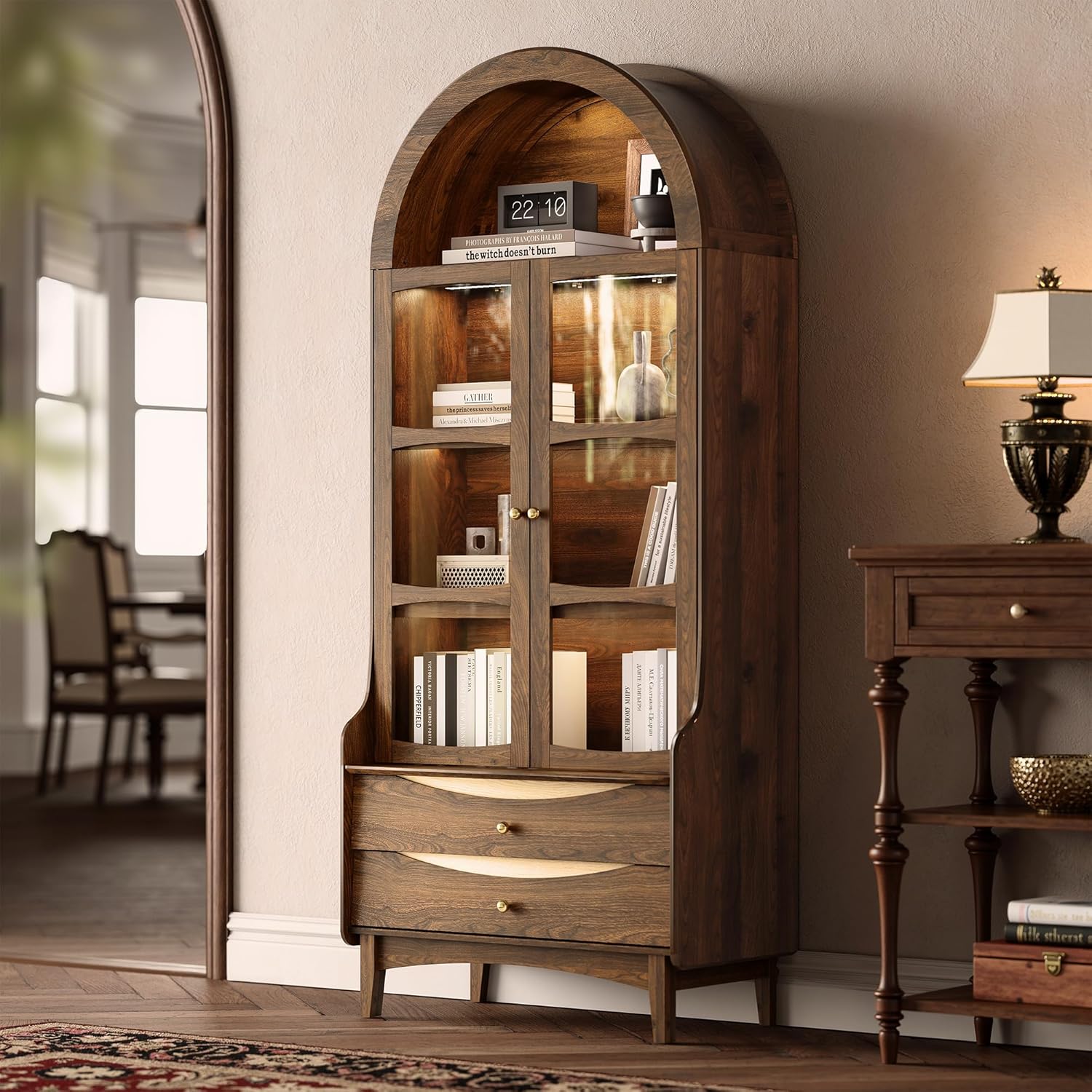 STO'SENSE 74' Tall Arched Bookshelf with LED Lights,4-Tier Modern Farmhouse Arched Bookcase with Glass Doors and Shelves,Wooden Display Cabinet with 2 Drawers for Living Room, Dining Room (Walnut)