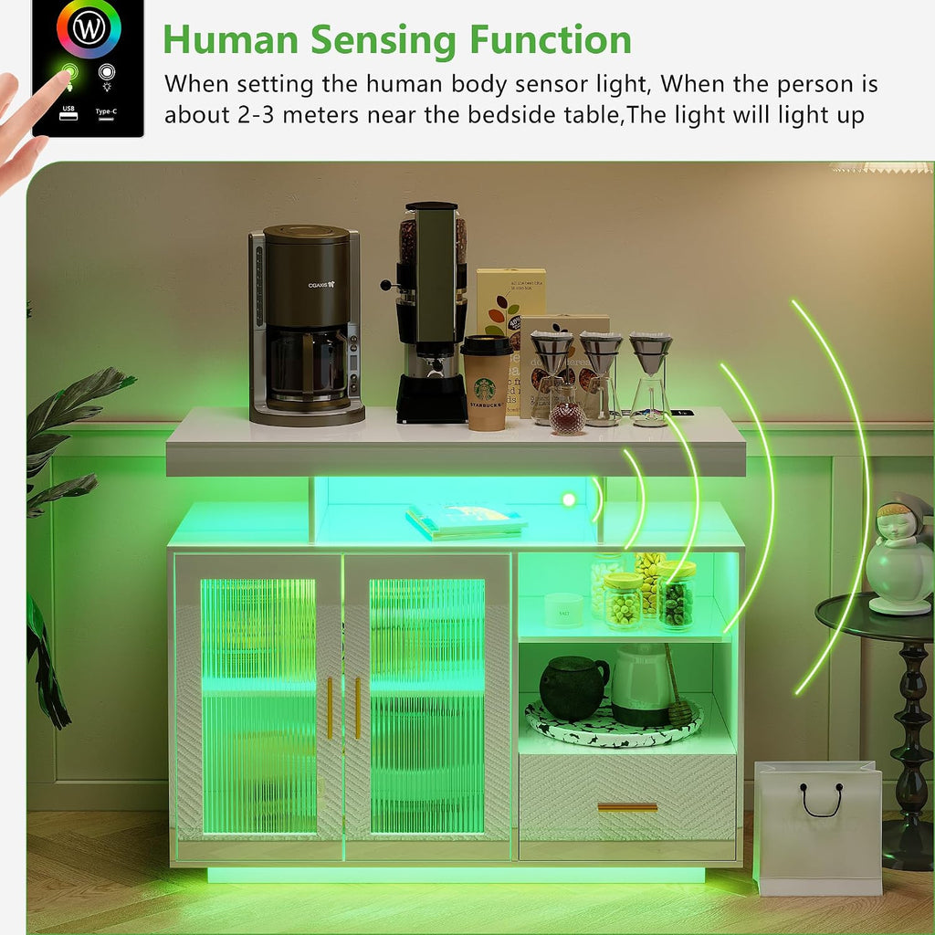 HNEBC LED Sideboard Buffet Cabinet with Charging Station, Smart Bar Cabinet with Auto RGB Lighted, High Gloss Coffee Bar with Drawer/Hutch for Living Room, Dining Room, Home Storager(White)