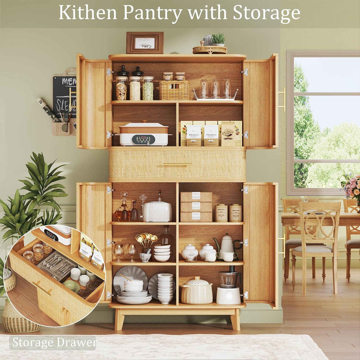 HUAHUU 71' Tall Pantry Cabinet, Kitchen Pantry Storage Cabinets with 4 Rattan Doors & Large Drawer, Modern Curved Storage Cabinet with 10 Storage Compartments for Dining Room, Living Room, Natural
